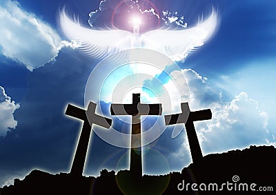 Three christian Crosses, angel rising beautifull clouds Stock Photo