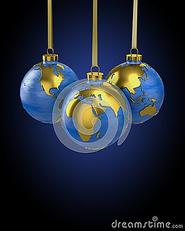 Three christmas balls shaped as globe or planet Stock Photo