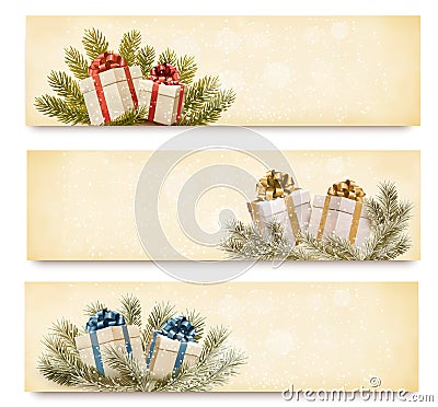 Three christmas banners with gift boxes and snowfl Vector Illustration