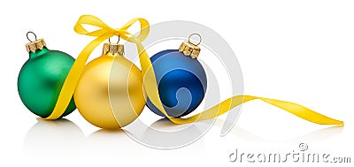 Three Christmas colored baubles with ribbon bow isolated on white background Stock Photo