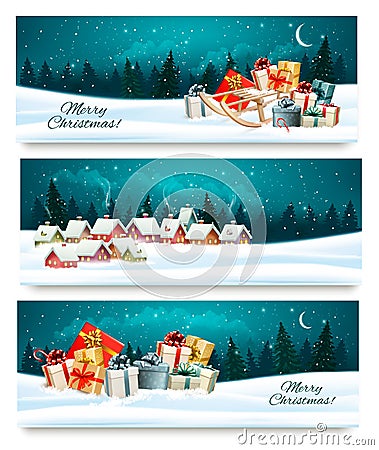 Three Christmas festive banners with landscapes and gift boxes. Vector Illustration