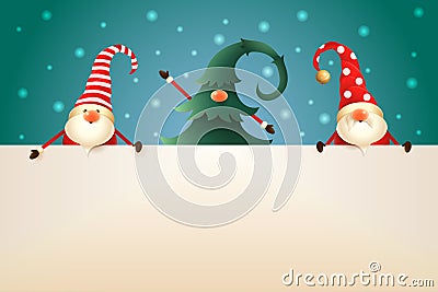 Three Christmas Gnomes with signboard on turquoise background. One hidden in Christmas tree Vector Illustration