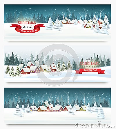 Three christmas holiday landscape banners. Vector Illustration
