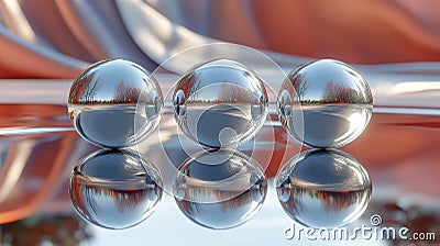 Three chrome balls reflecting a blurred background symbolize unity perfection and reflection The shiny surfaces create a Stock Photo
