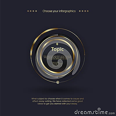 Three circles Business infographic buttons design. A modern options elements with golden stoke on dark background. For finance and Vector Illustration