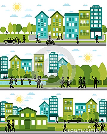 Three city life scenes Vector Illustration