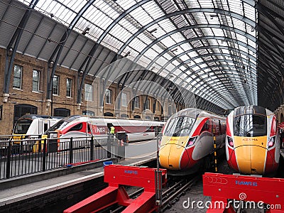 Three class Azuma trains at King's Cross terminus station in London, UK Editorial Stock Photo