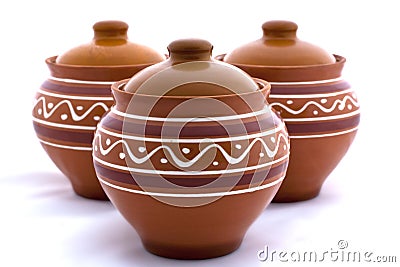 Three clay pots on a white background Stock Photo