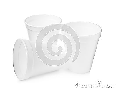 Three clean styrofoam cups on white background Stock Photo