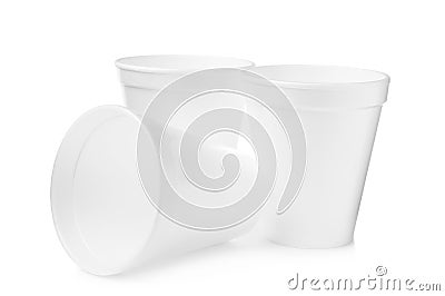 Three clean styrofoam cups on white background Stock Photo