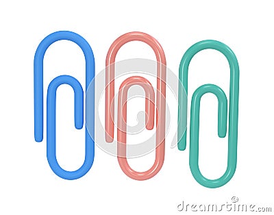 Three clips 3d icon school. Volumetric tool for paper and documents. Blue, pink and green sturdy holder for attaching Stock Photo