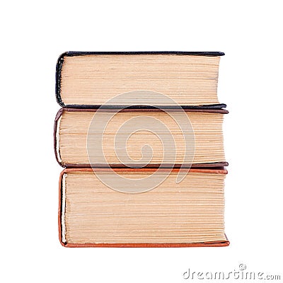 Three closed old thick paper books with yellow pages white background isolated closeup, book heap, pile, stack, hardcover textbook Stock Photo
