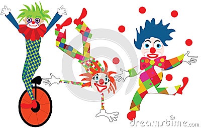 Three clown characters making tricks Vector Illustration