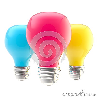 Three CMYK colored bulbs Stock Photo