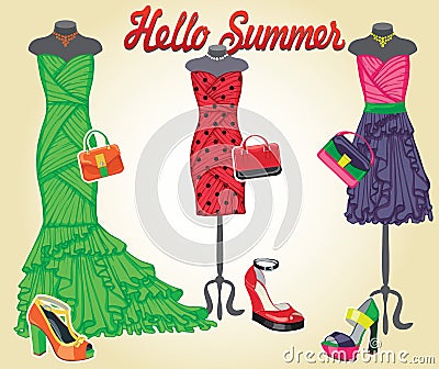 Three coctail dresses with accessories.Hello Vector Illustration