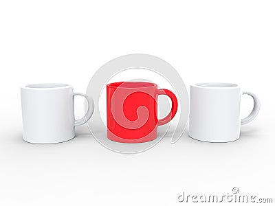 Three coffee mugs, two white and red in the middle Stock Photo