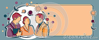Three Colleagues Standing Sharing Thoughts Together With Speech Bubbles And Assorted S. Teammates Sharing New Success Vector Illustration