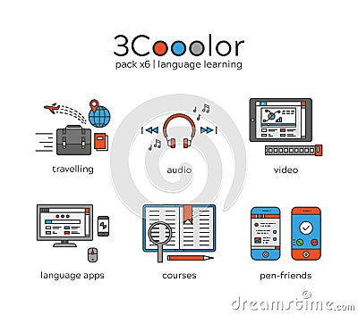 Isolated language learning icons. Vector colored illustration on light background. Original graphic set. Vector Illustration