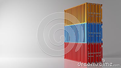 Three color Intermodal container stack on white background. Industry shipping container storage cargo in warehouse shipyard dock. Cartoon Illustration