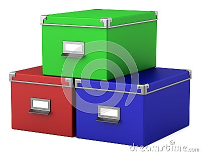 Three color office cardboard boxes isolated on white Stock Photo