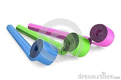 Three color party whistles isolated on white Stock Photo