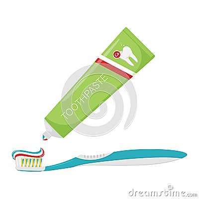 Three-color toothpaste is squeezed out of the tube onto the toothbrush. A drop of toothpaste. Dental cleaning, oral Hygiene. Cartoon Illustration