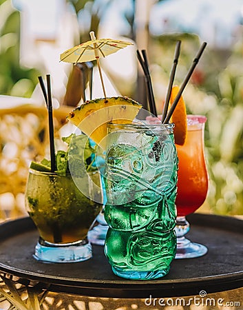 Three colored cocktails on a tray Stock Photo