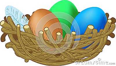 Three colored eggs lie in a nest Easter illustrati Vector Illustration