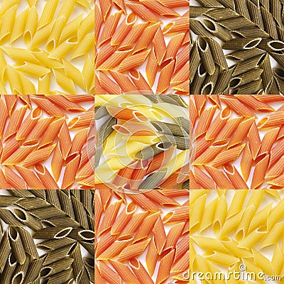 Three-colored pasta collage Stock Photo