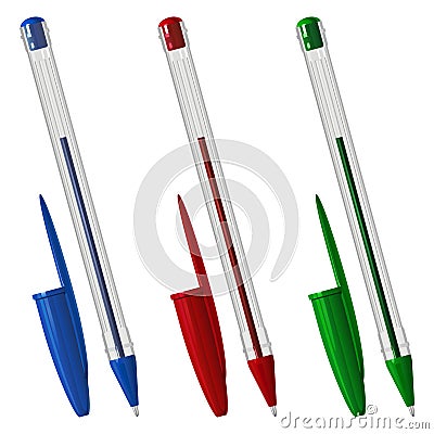 Three colored plastic ballpoint pens with caps, in a transparent hexagonal case Vector Illustration