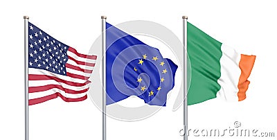 Three colored silky flags in the wind: USA United States of America, EU European Union and Ireland isolated on white. 3D Cartoon Illustration