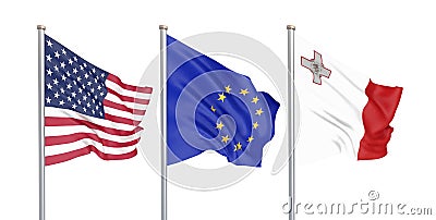 Three colored silky flags in the wind: USA United States of America, EU European Union and Malta isolated on white. 3D Cartoon Illustration