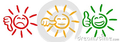 Three colored sun with valuation thumbs, set emotion, cartoon emoticons sun - for stock Stock Photo