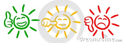 Three colored sun with valuation thumbs, smilies, set smiley emotion, by smilies, cartoon emoticons sun - vector Vector Illustration