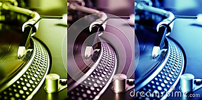 Three colored turntable record players Stock Photo