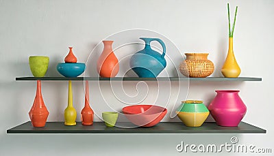 Experimental Pottery Shelf With Colorful Objects - 3d Render Stock Photo