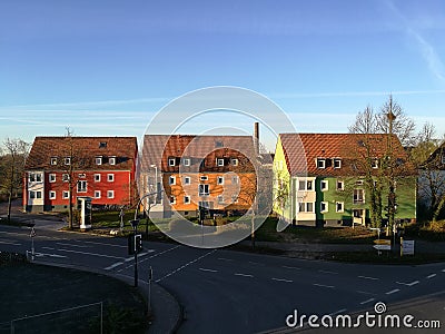 Three colorful apartments standing on the other side Editorial Stock Photo