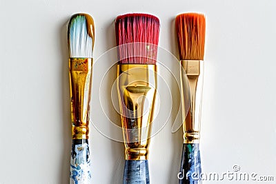 Three colorful art painting brushes against white background, celebrate artistic day Stock Photo