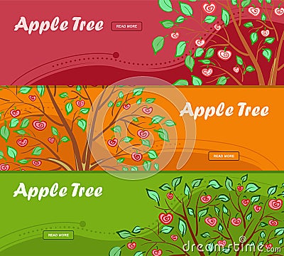 Three colorful banners with apple tree and place for your advertisement. Cartoon Illustration