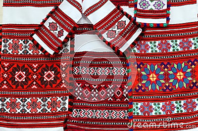 Three colorful belorussian towel and napkins with geometric patt Stock Photo