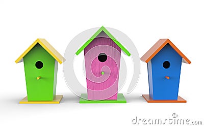 Three colorful birdhouses on a white background Stock Photo