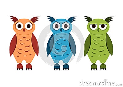 Three colorful cartoon owls with different emotions. Isolated vector wild animals in flat style on white Vector Illustration