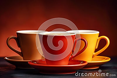 Three colorful coffee cups on a dark background Stock Photo
