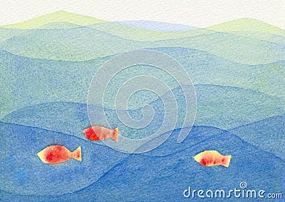 Three colorful fish swimming in a blue ocean. Cartoon Illustration