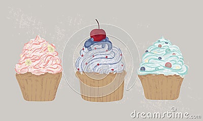 Three colorful hand drawn cupcakes. Watercolor illustration of sweet muffin collection. Cartoon Illustration