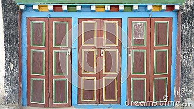Three Colorful Napalese doors in the Himalayan Highlands Stock Photo
