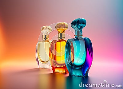 Three colorful perfume bottles standing against pink gradient background. Created with Generative AI Stock Photo