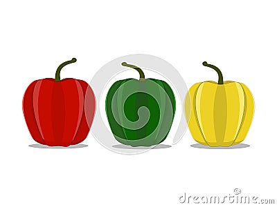 The three colors flesh bell peppers on the white background Vector Illustration