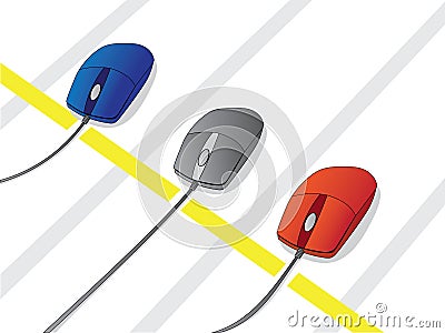 Three colour mouses on the start line Cartoon Illustration