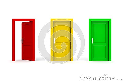 Three Coloured Doors - Open Red Stock Photo